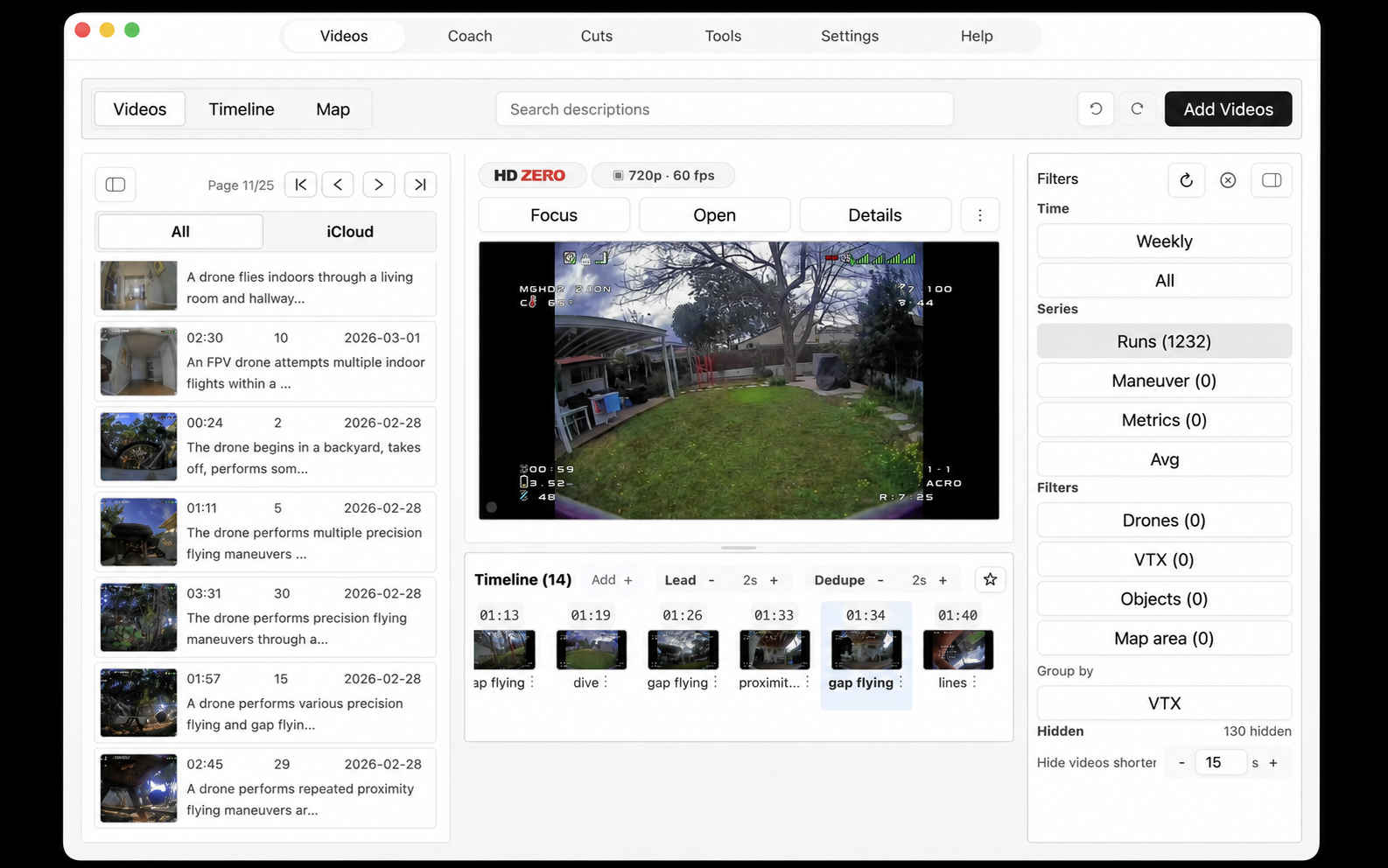 Recent Flight Recall video library with flight thumbnails, filters, a selected recording, and no location details