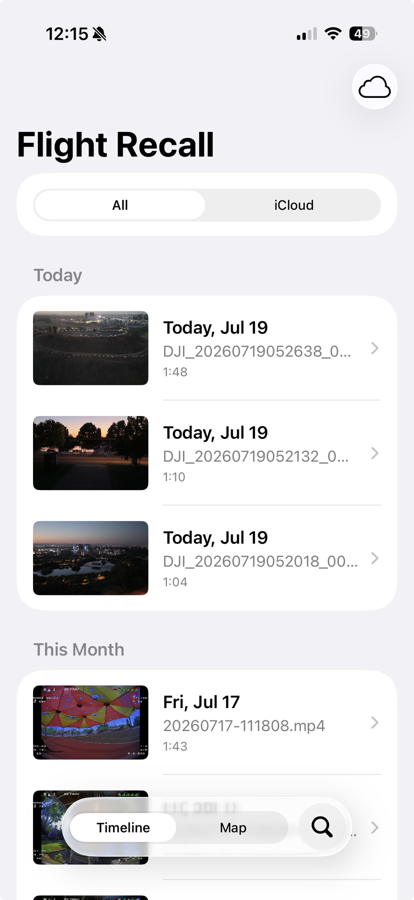 Flight Recall iPhone library showing recent FPV flights, All and iCloud filters, search, and the Timeline and Map switch