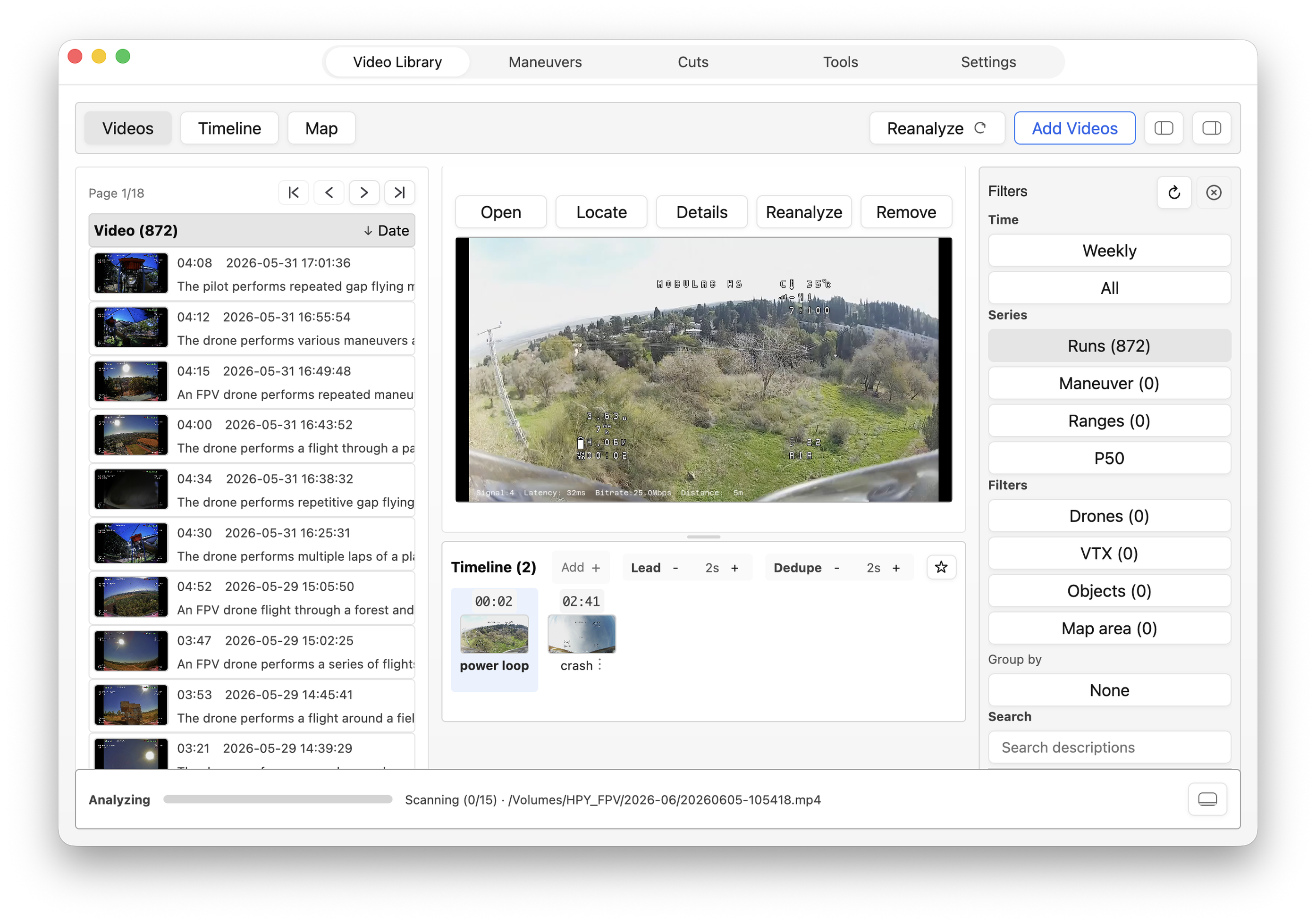 Flight Recall video library showing selected FPV footage, thumbnails, timeline clips, and filters